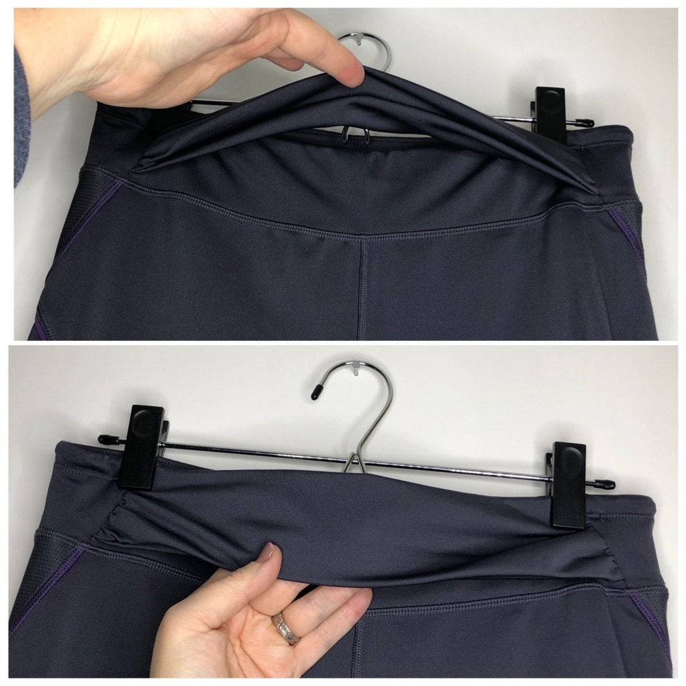 ATHLETA quick step capri leggings gray with purple cord. Front waist oveโฆ - Picture 7 of 11
